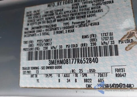 2007 Mercury Milan V6 Premier z USA, uszkodzony, nr VIN 3MEHM08177R652840